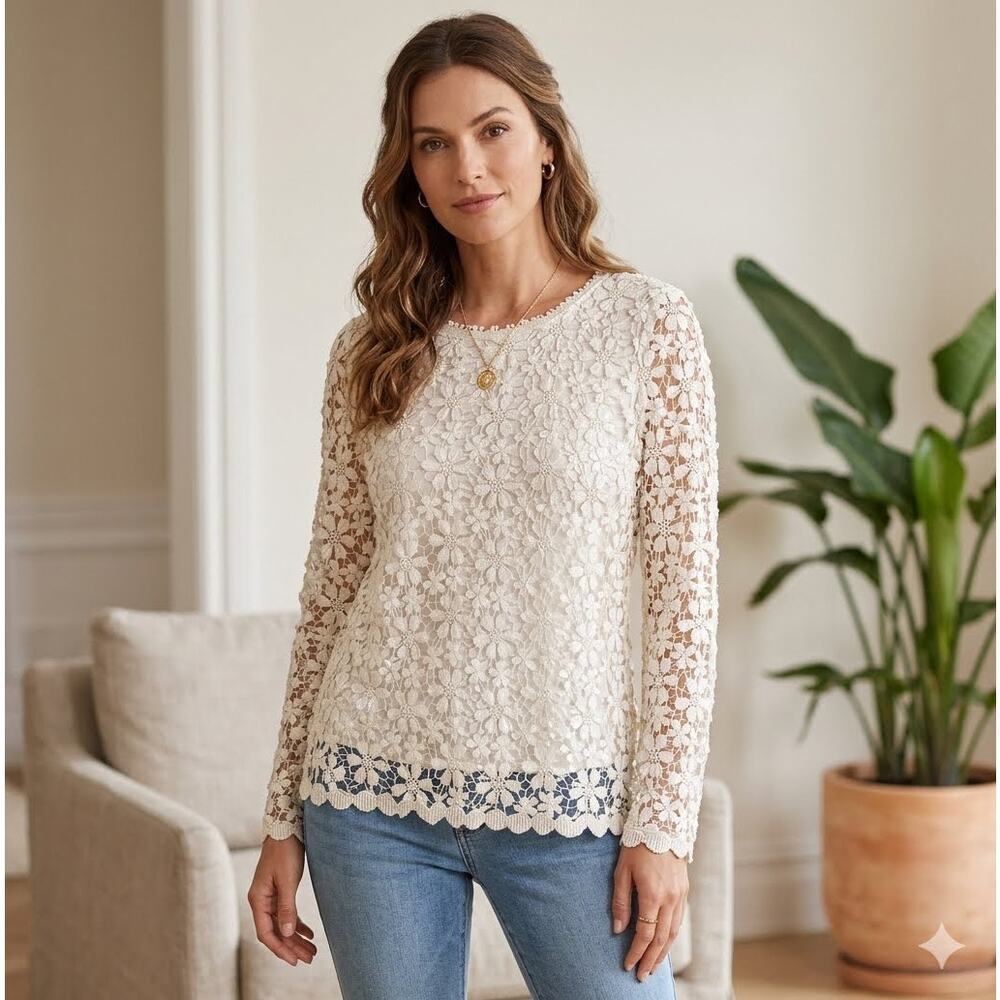 Audrey 3+1 Ivory Floral Lace Blouse Women’s Large Crochet Overlay Top